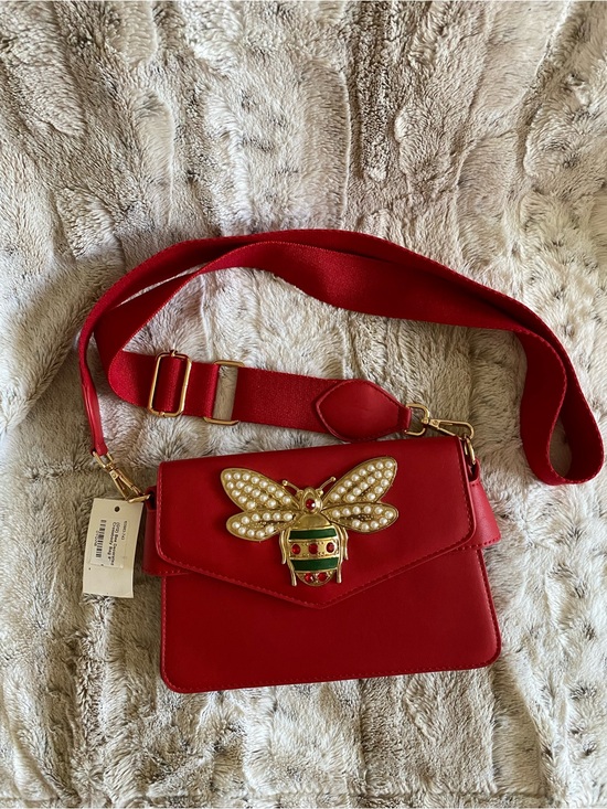 Handbags - Red Pearl Bee Accent embellished Crossbody Bag - 9”
